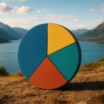 Colorful pie chart on a mountain landscape with a lake in the background