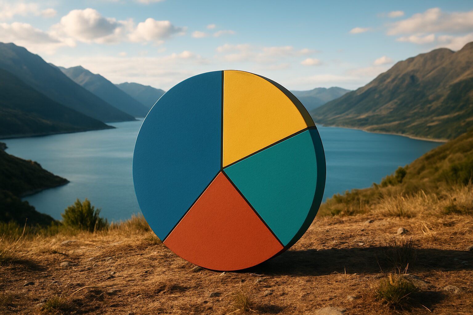 Colorful pie chart on a mountain landscape with a lake in the background