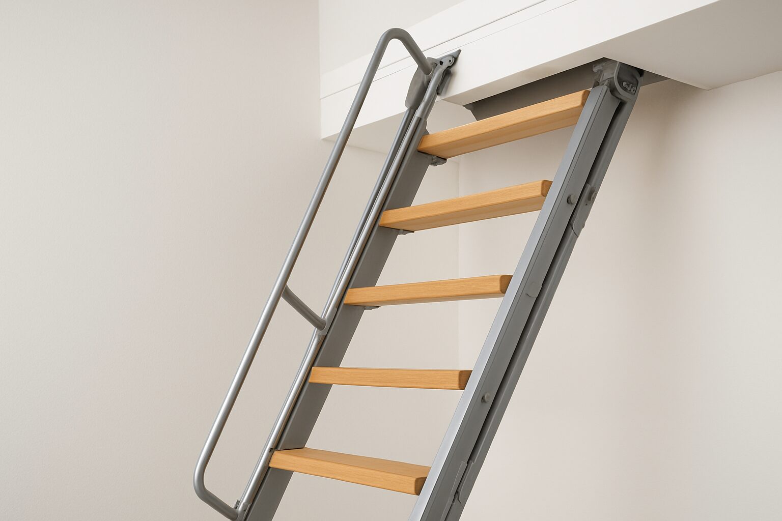 A modern loft ladder with wooden steps leading up to an open loft space.