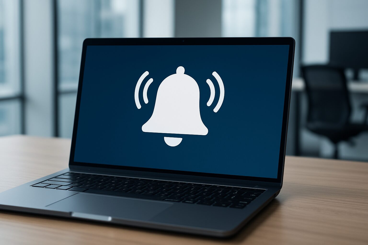 A laptop displaying a notification bell icon on the screen.